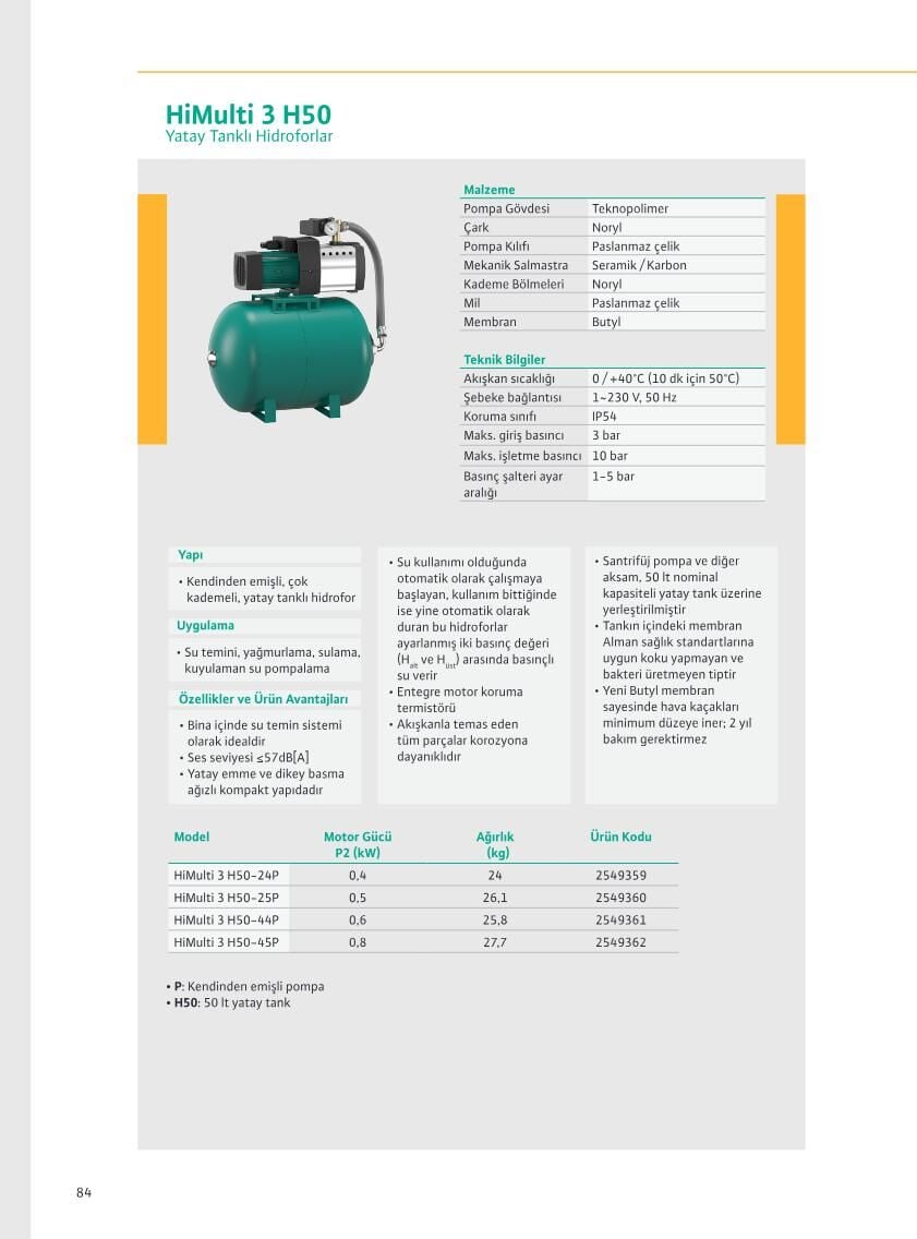 Wilo HiMulti 3 H50 Yatay Membran Tanklı Otomatik Paket Hidrofor - Sayfa 86