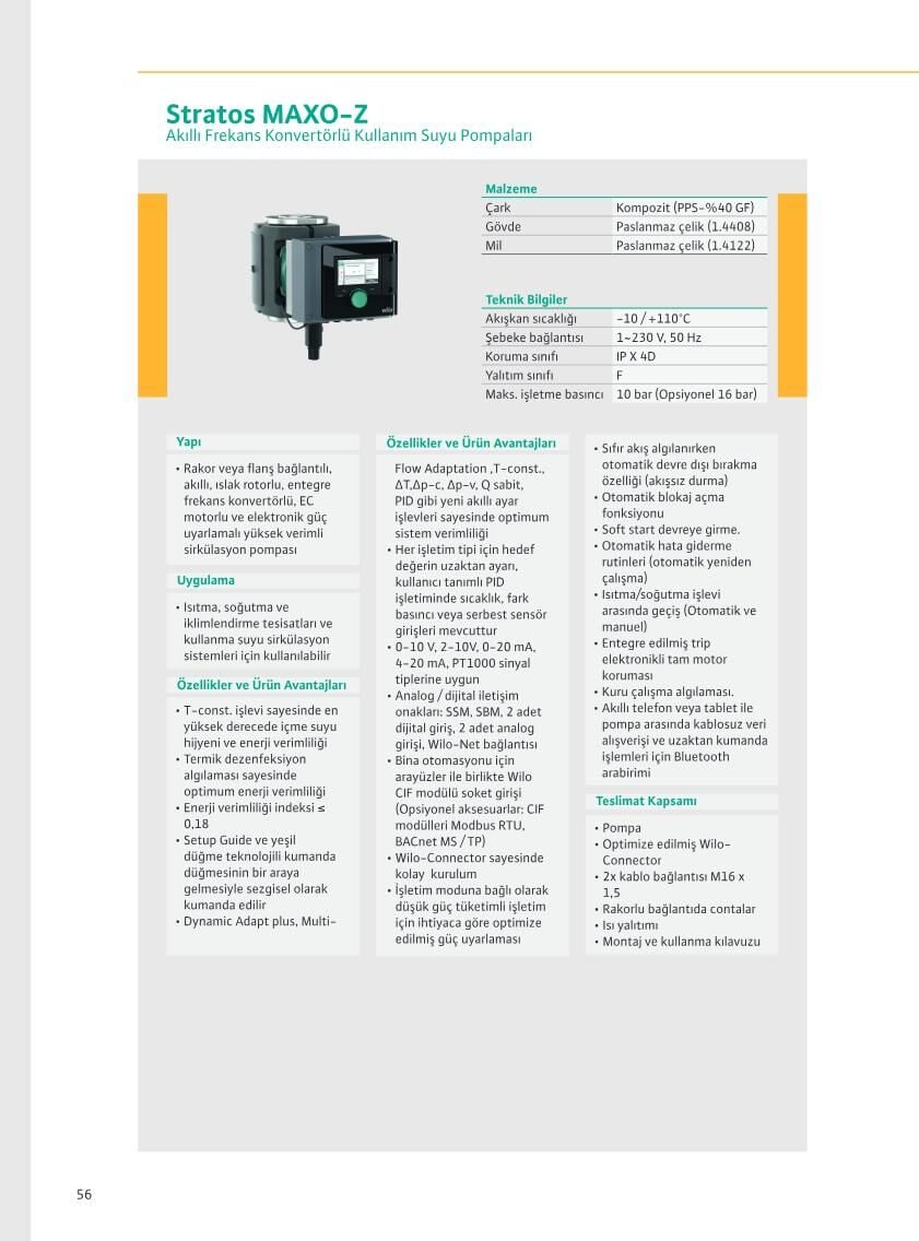 Wilo Stratos MAXO-Z Kullanma Sıcak Suyu için Akıllı Frekans Konvertörlü Sirkülasyon Pompası - Teknik Katalog Bilgisi