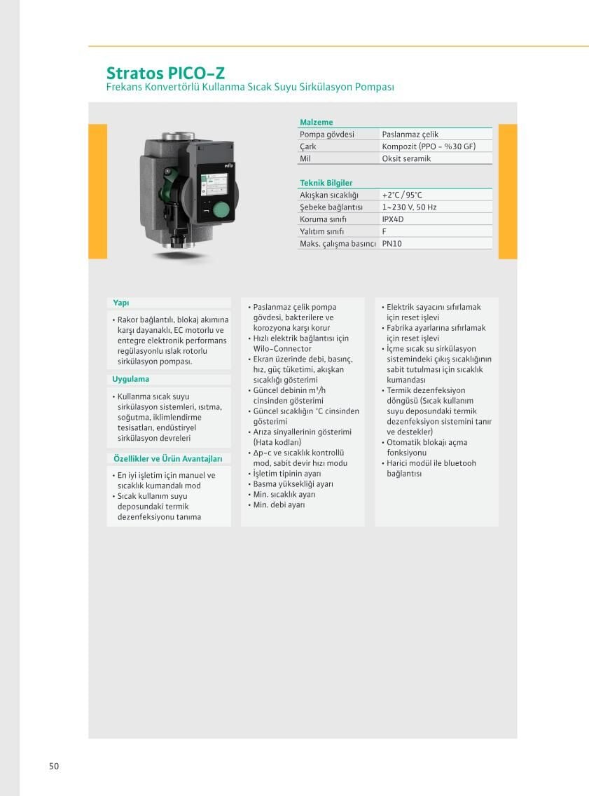 Wilo Stratos PICO-Z Akıllı Frekans Konvertörlü Kullanma Sıcak Suyu Pompası - Teknik Katalog Bilgisi