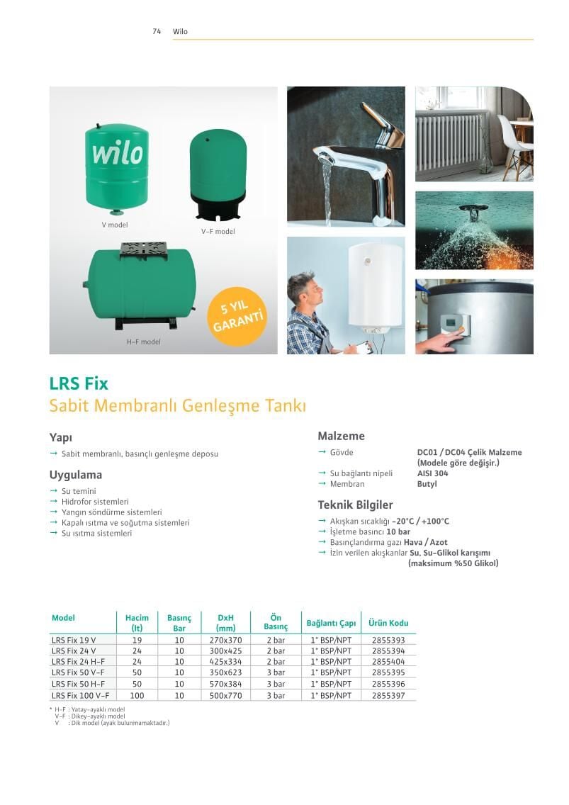 Wilo LRS Fix Sabit Membranlı Basınçlı Genleşme Deposu - Sayfa 74