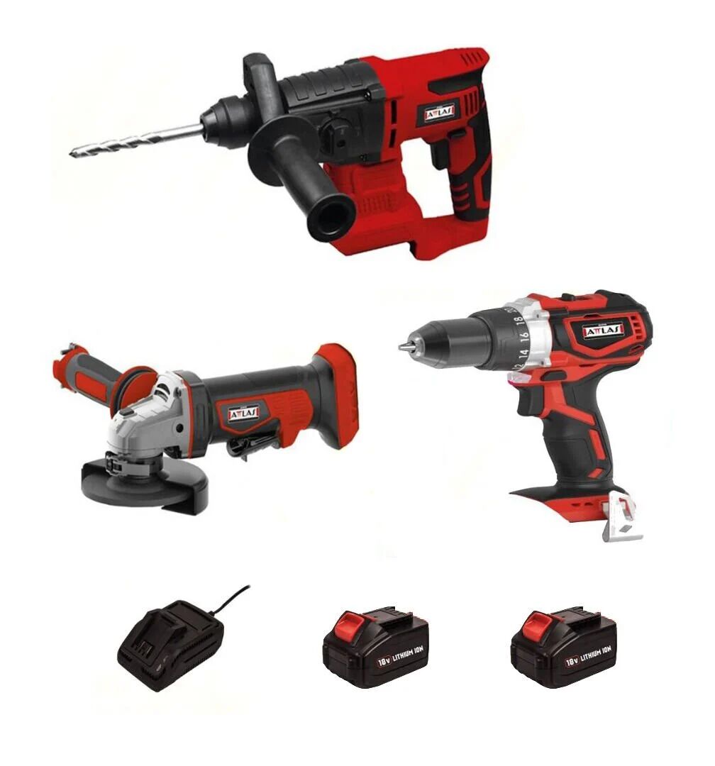 Attlas 3'Lü Makina 2 Akülü Set 18V 4.0Ah ( Kömürsüz Darb. Matkap + Kömürsüz Avuç Taşlama Makinesi + Kırıcı Delici )